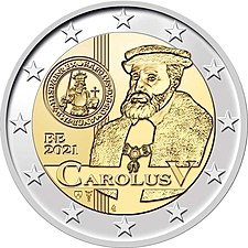 2 euro commemorativi belgio 2021 anniversario comparsa ordinanza secondo periodo emissione monete durante regno Carlo V